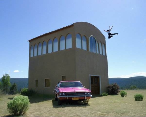 Modern adobe house with vintage car and dynamic leap