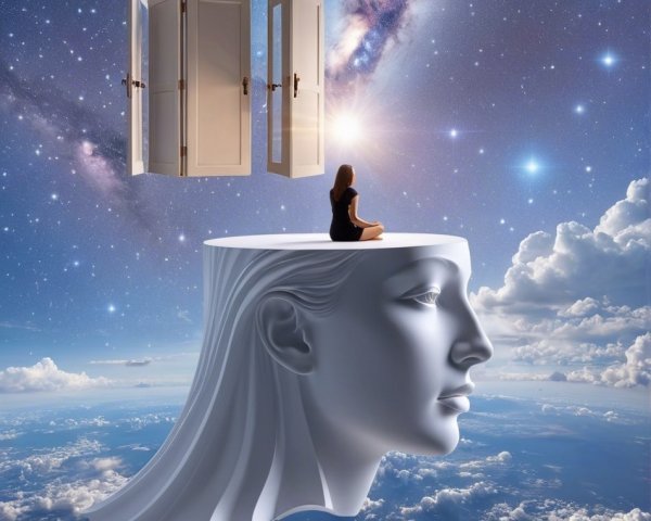 Surreal Scene with Giant Head and Cosmic Elements