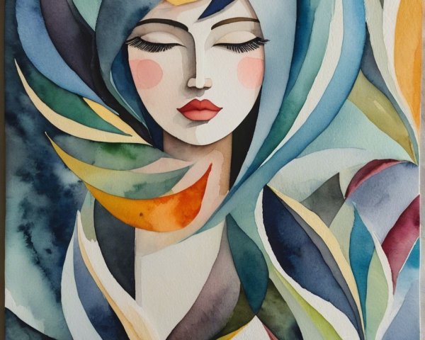 Vibrant Watercolor of a Woman's Face with Abstract Foliage