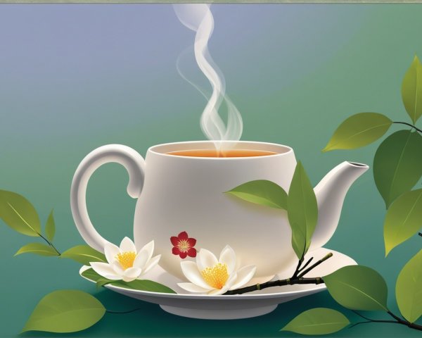Serene illustration of a steaming white teapot
