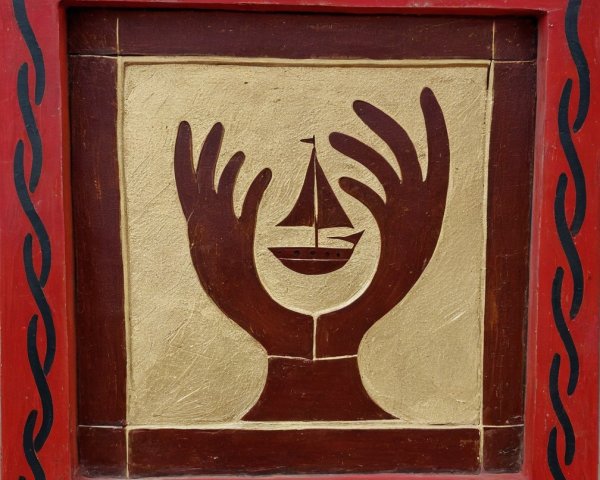 Artwork of Hands Cradling Sailboat on Gold Background