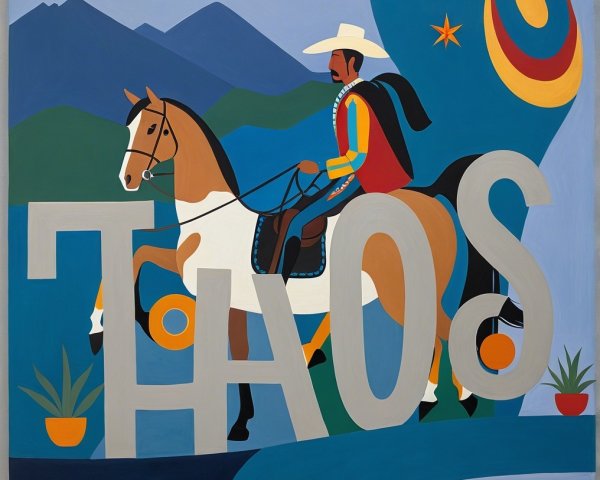 Vibrant Painting of Horseman in Mountainous Landscape