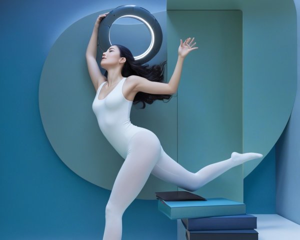 Asian model in white leotard posing against geometric backdrop