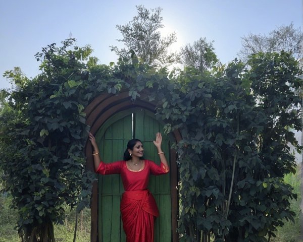 Woman in red dress by ornate green door and greenery