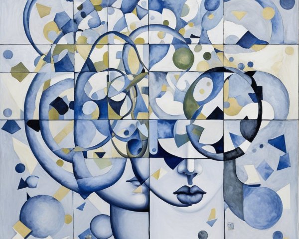 Abstract Artwork with Blue, White, and Gold Shapes