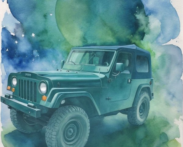 Watercolor Painting of Jeep in Abstract Landscape
