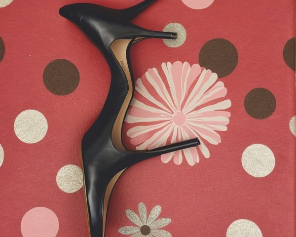 Glossy Black High Heel on Red Polka-Dotted Box