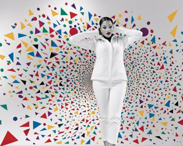 Model in White Outfit Against Abstract Colorful Background