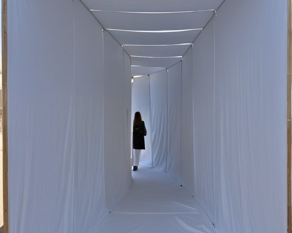 Narrow Corridor with White Drapes and Natural Light