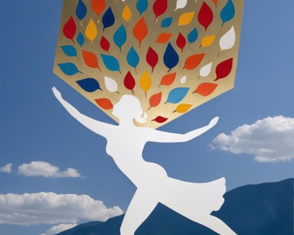 Outdoor sculpture of a dancing woman with crown of leaves