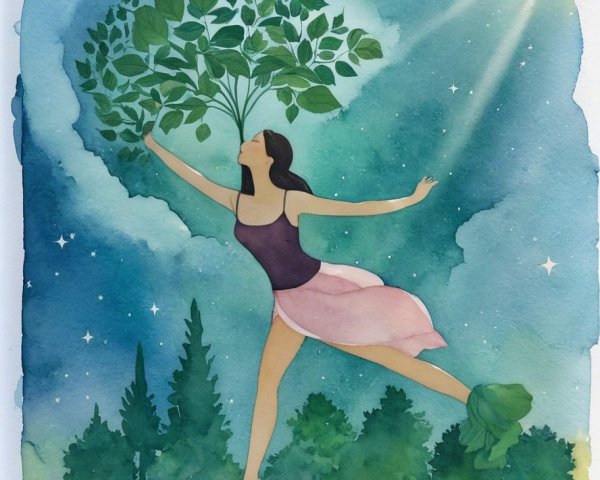 Joyful Dance with Green Leaves Against Serene Sky
