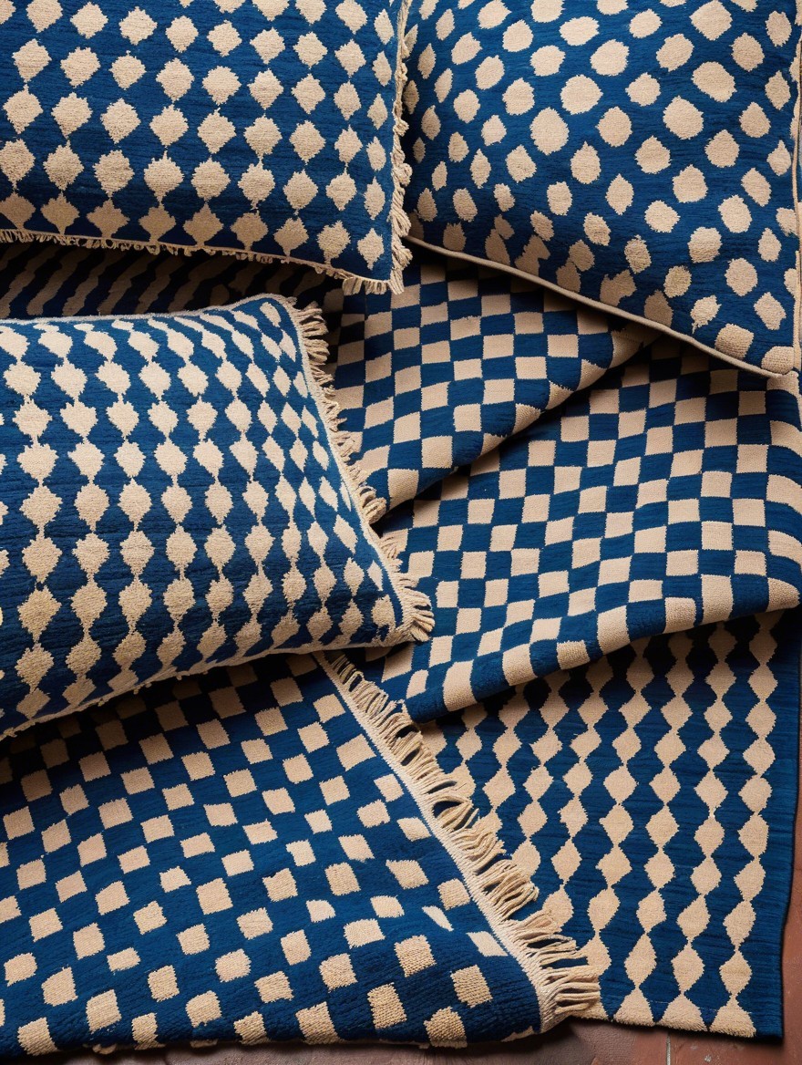 Geometric Cushions and Rug in Navy and Beige