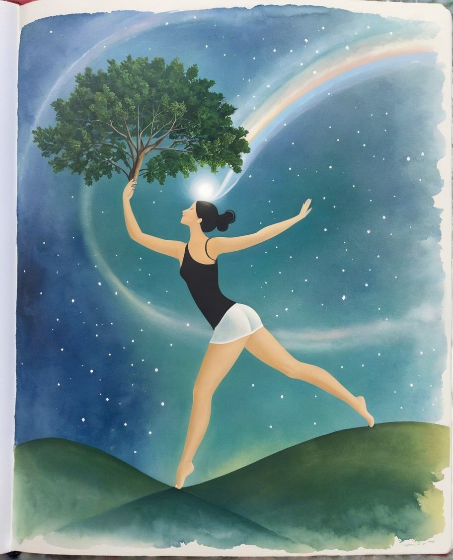 Woman on Hillside with Tree Under Starry Sky
