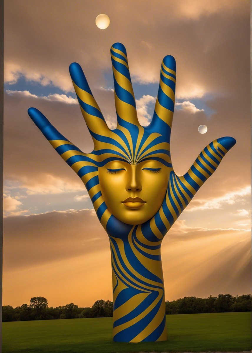 Giant Hand Sculpture in Vibrant Blue and Yellow Stripes
