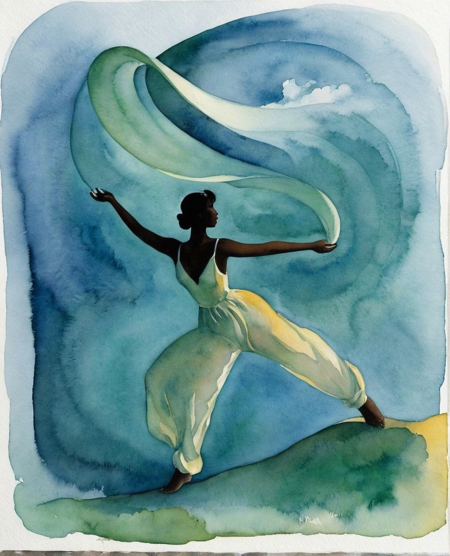 Graceful Figure on Hill with Flowing Garments and Ribbon