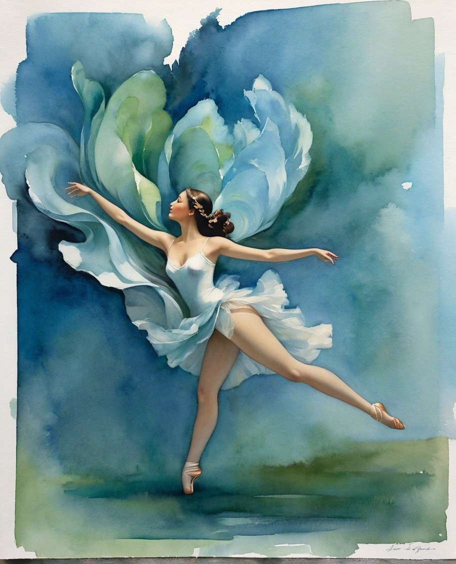 Ballerina in Soft Blue and Green Watercolor Scene
