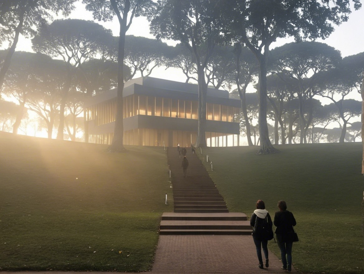 Minimalist Building in Serene Misty Landscape