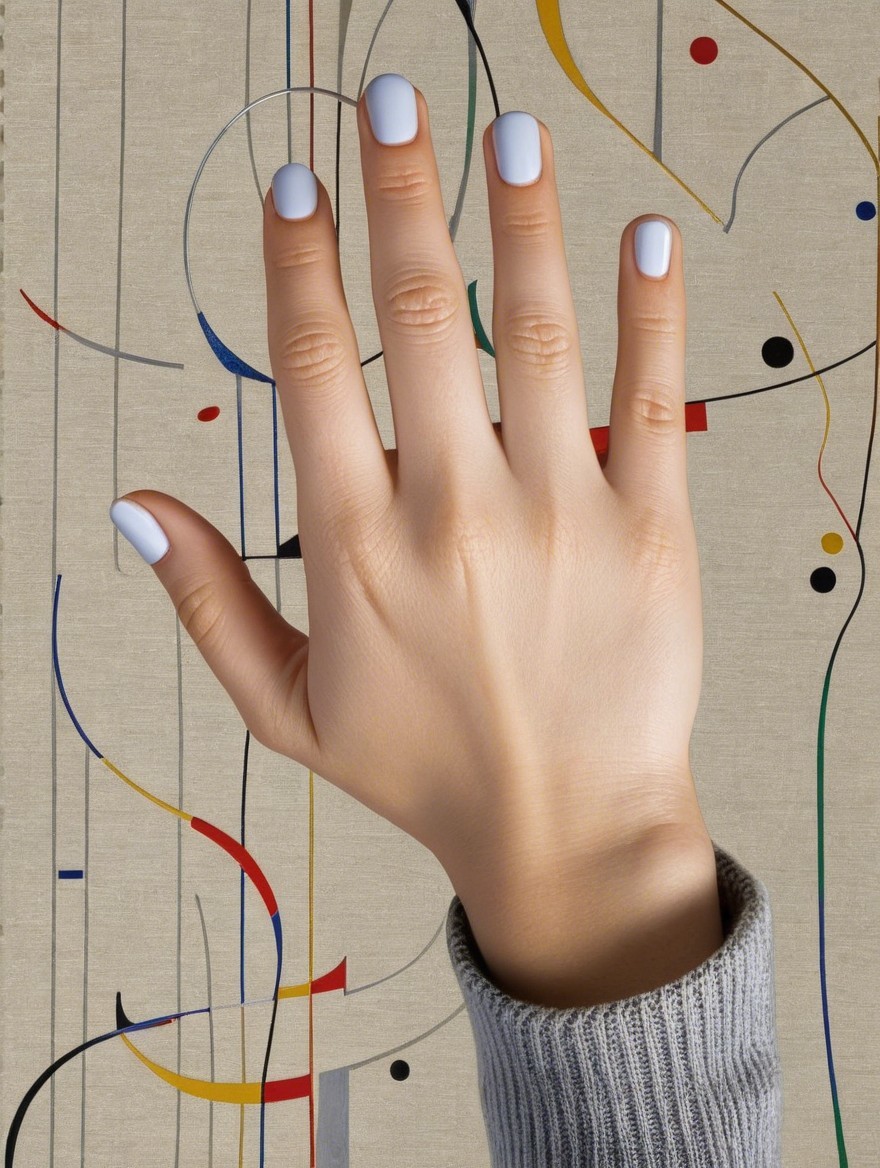 Stylized Hand with Light Blue Nails Against Abstract Art