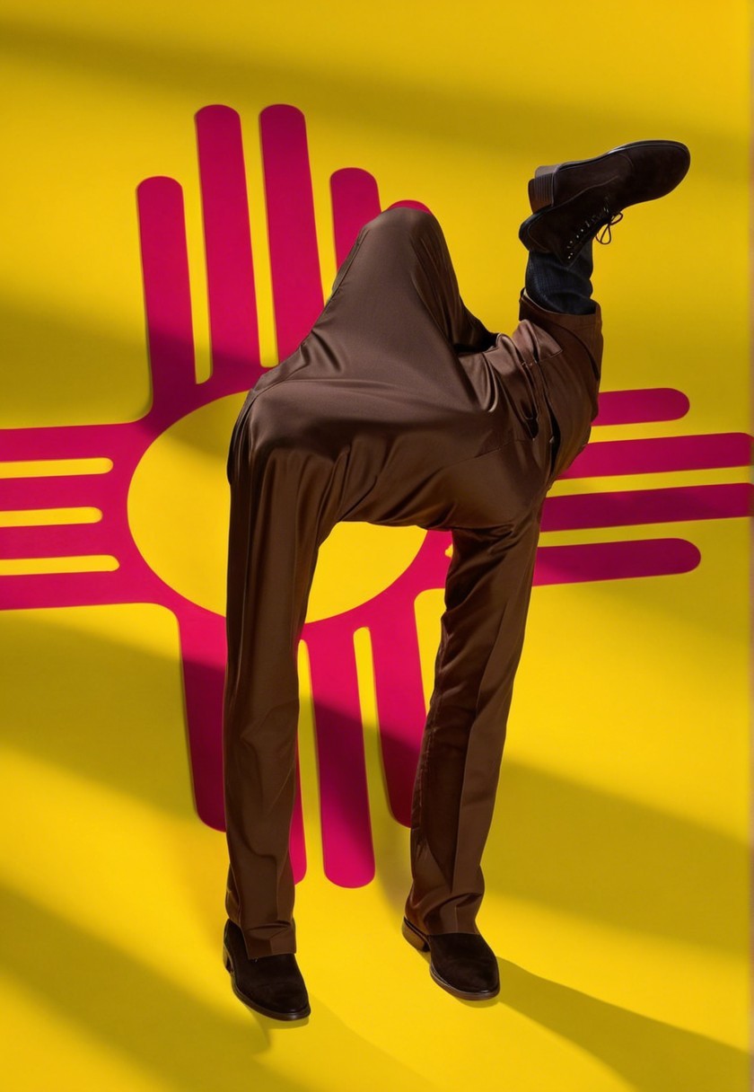 Person in Oversized Brown Pants Against Yellow Background