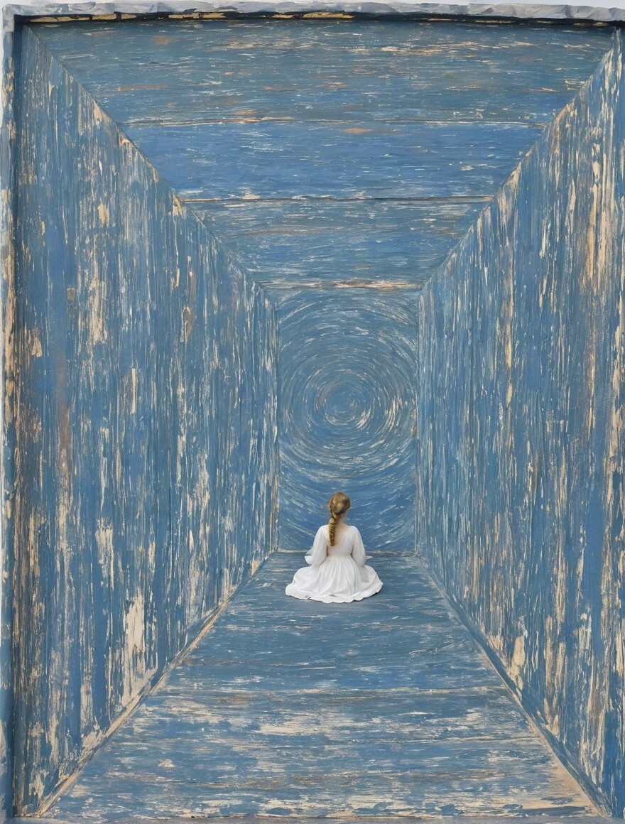 Young girl in white dress in blue-toned perspective art