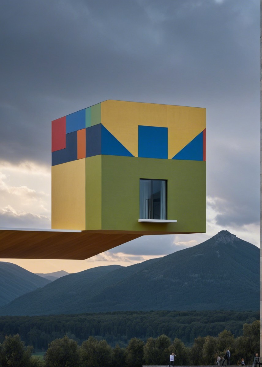 Vibrant Cube Structure Above Rolling Hills Landscape