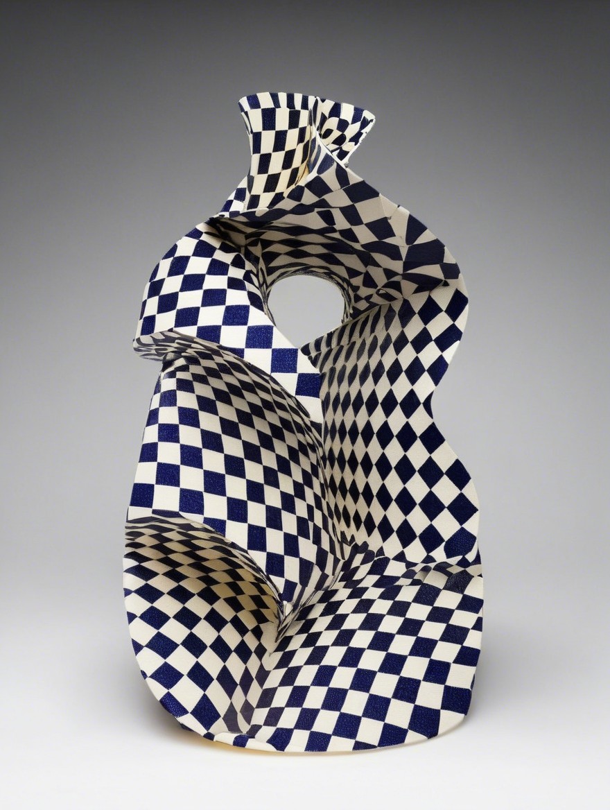 Abstract Sculpture with Checkerboard Pattern and Depth