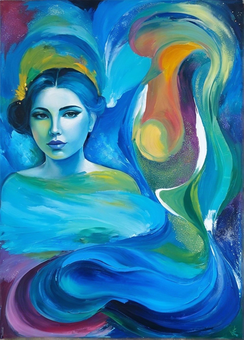 Woman with Blue-Toned Skin in Colorful Background