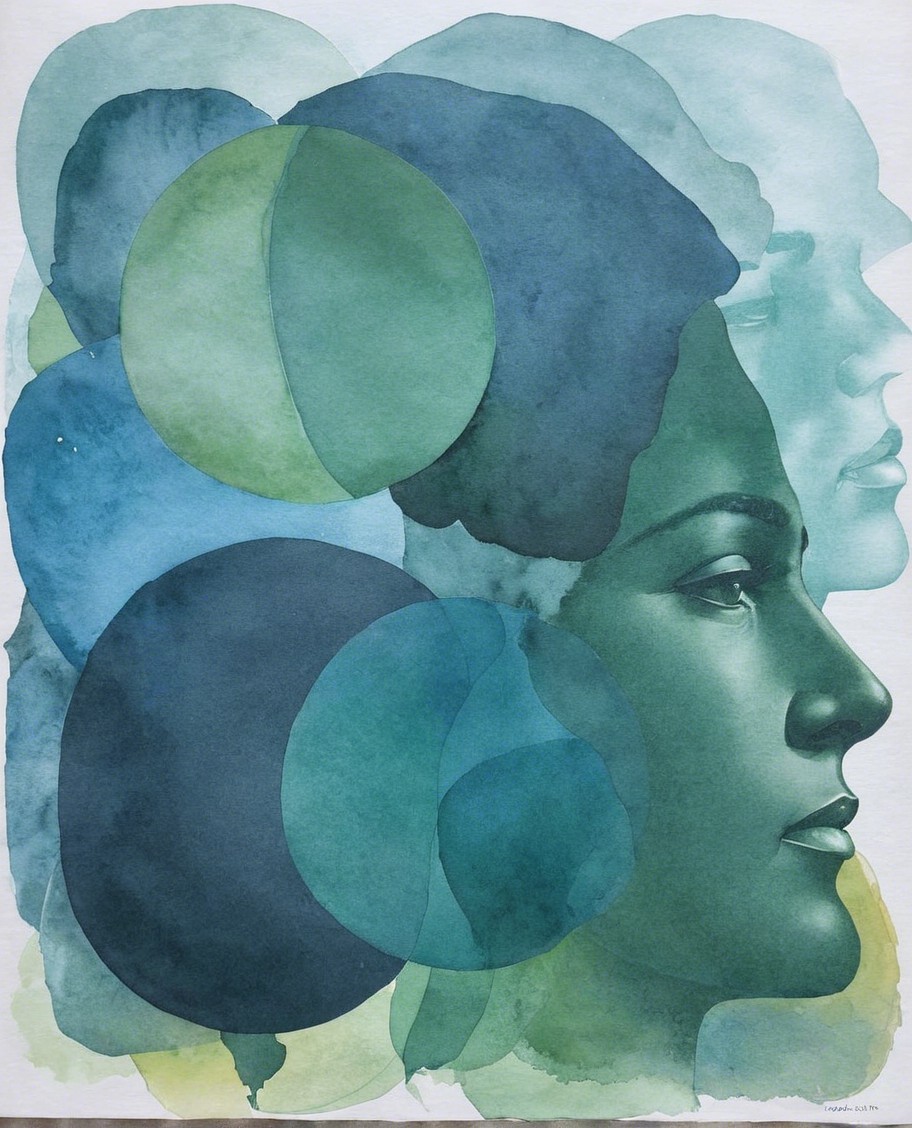 Abstract Shapes and Human Profiles in Green and Blue