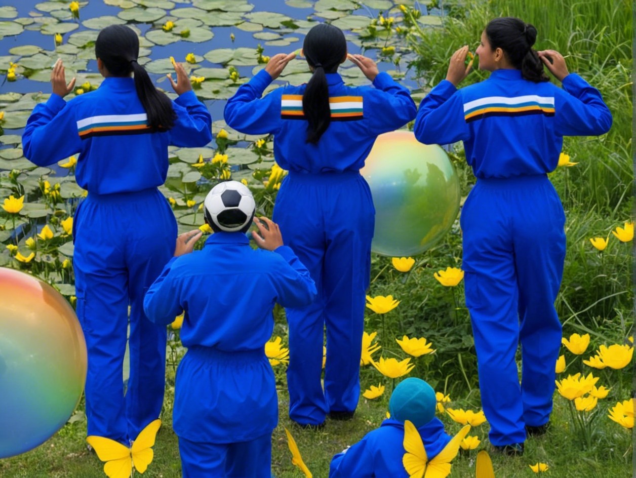 Seven Figures in Blue Jumpsuits in Flower Field