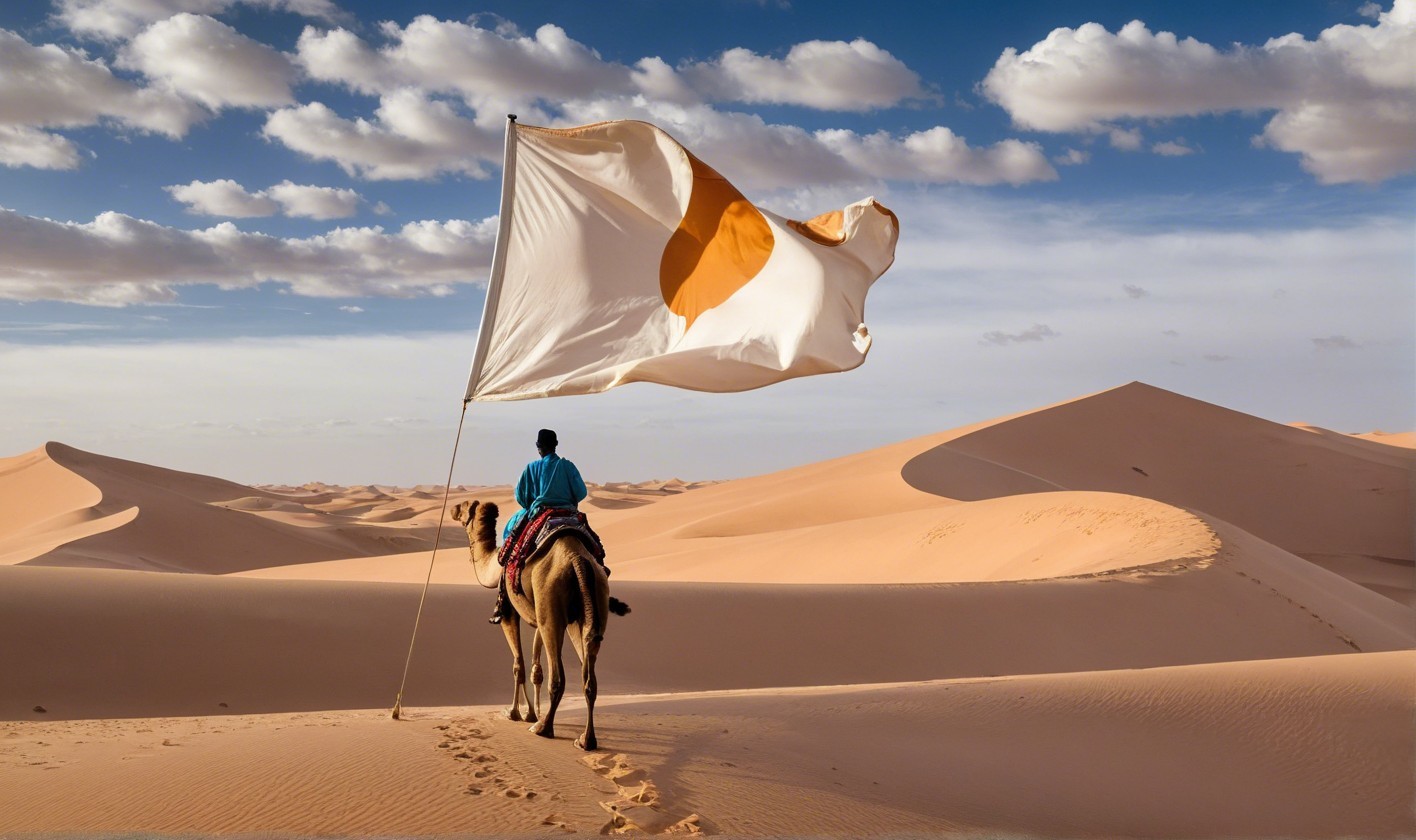 Person in Blue Tunic Riding Camel in Desert Landscape