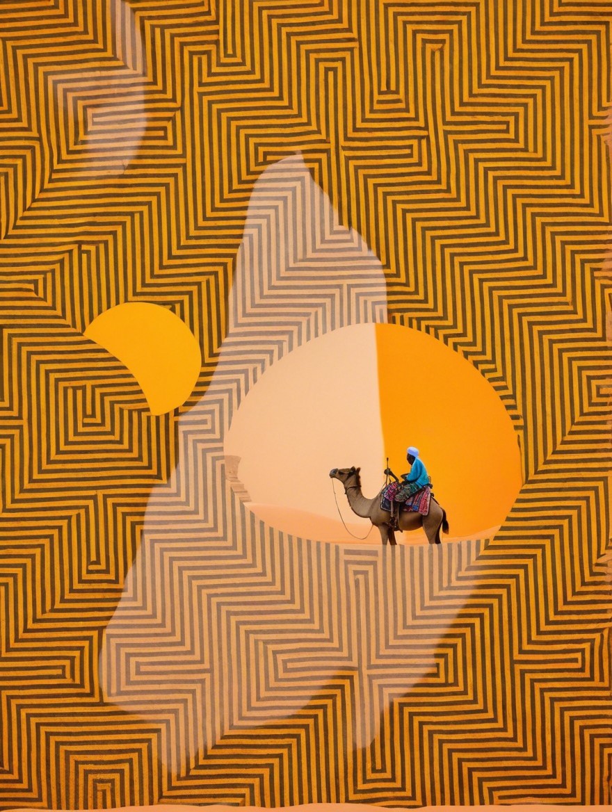 Lone Figure on Camel Amidst Geometric Desert Patterns