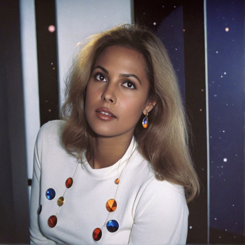 Woman with blonde hair in cosmic-themed setting