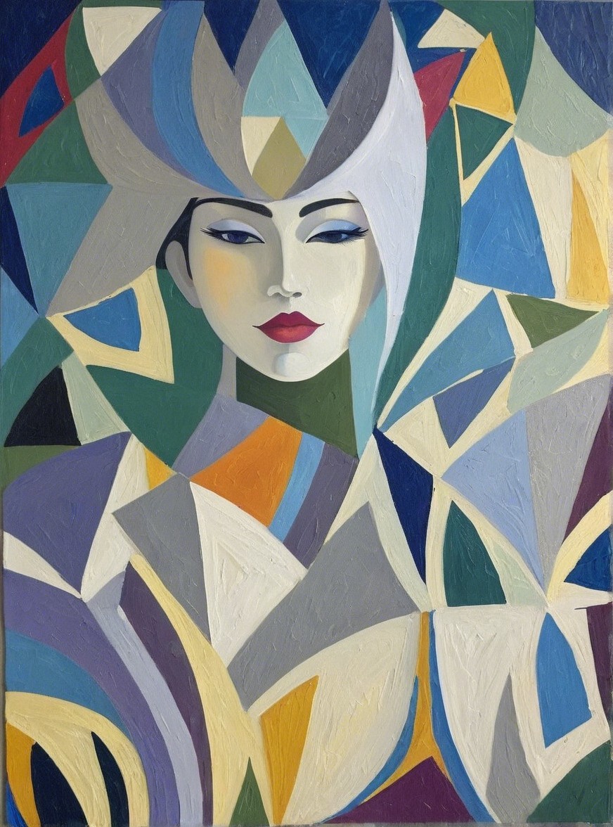 Stylized Female Figure Amid Vibrant Geometric Shapes