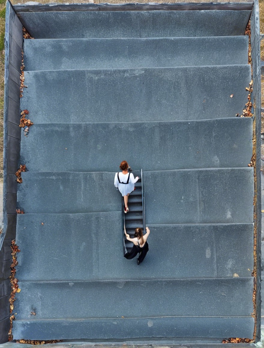 Women in contrasting dresses on minimalistic stairs