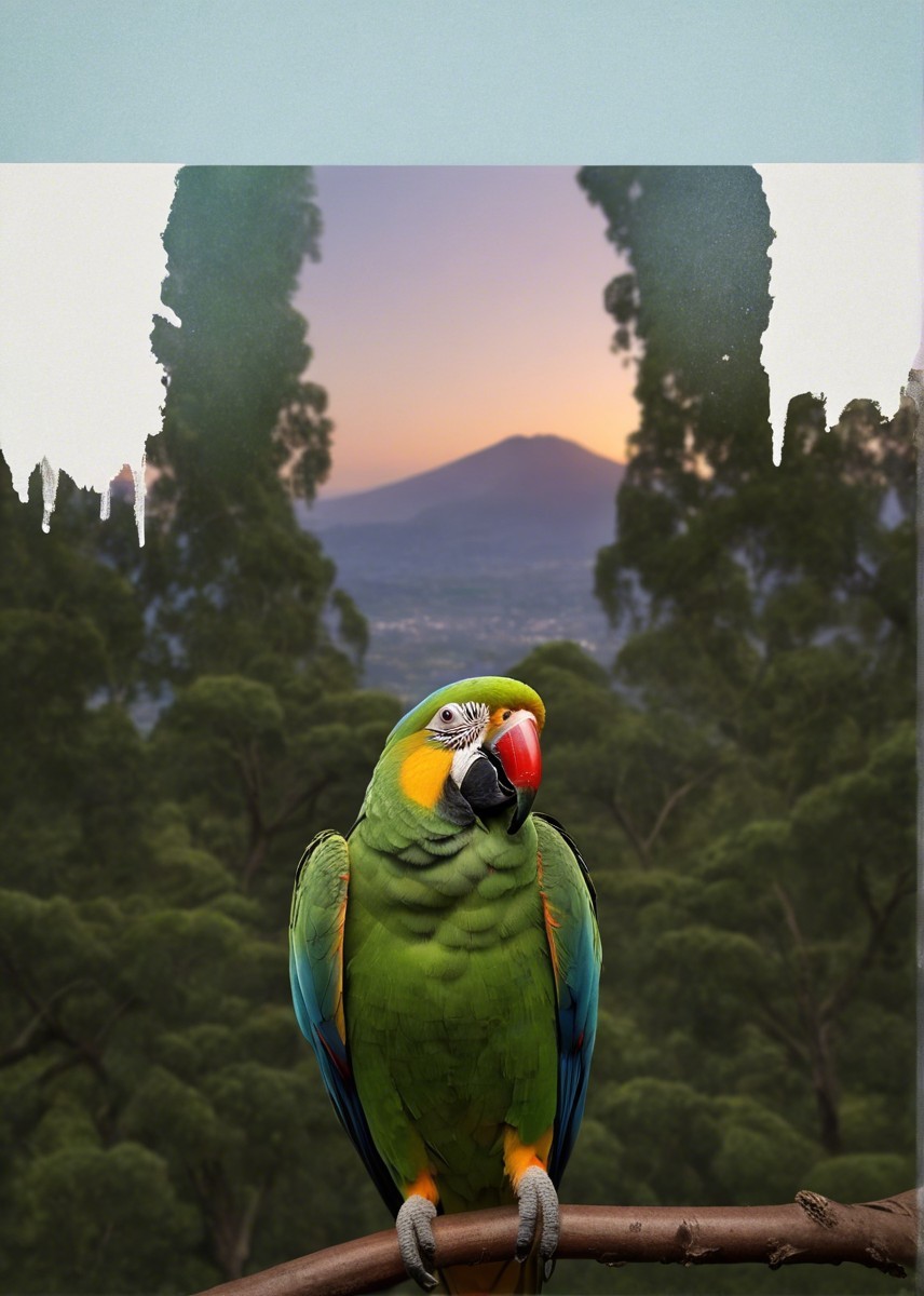 Vibrant Green Parrot in Scenic Sunset Landscape