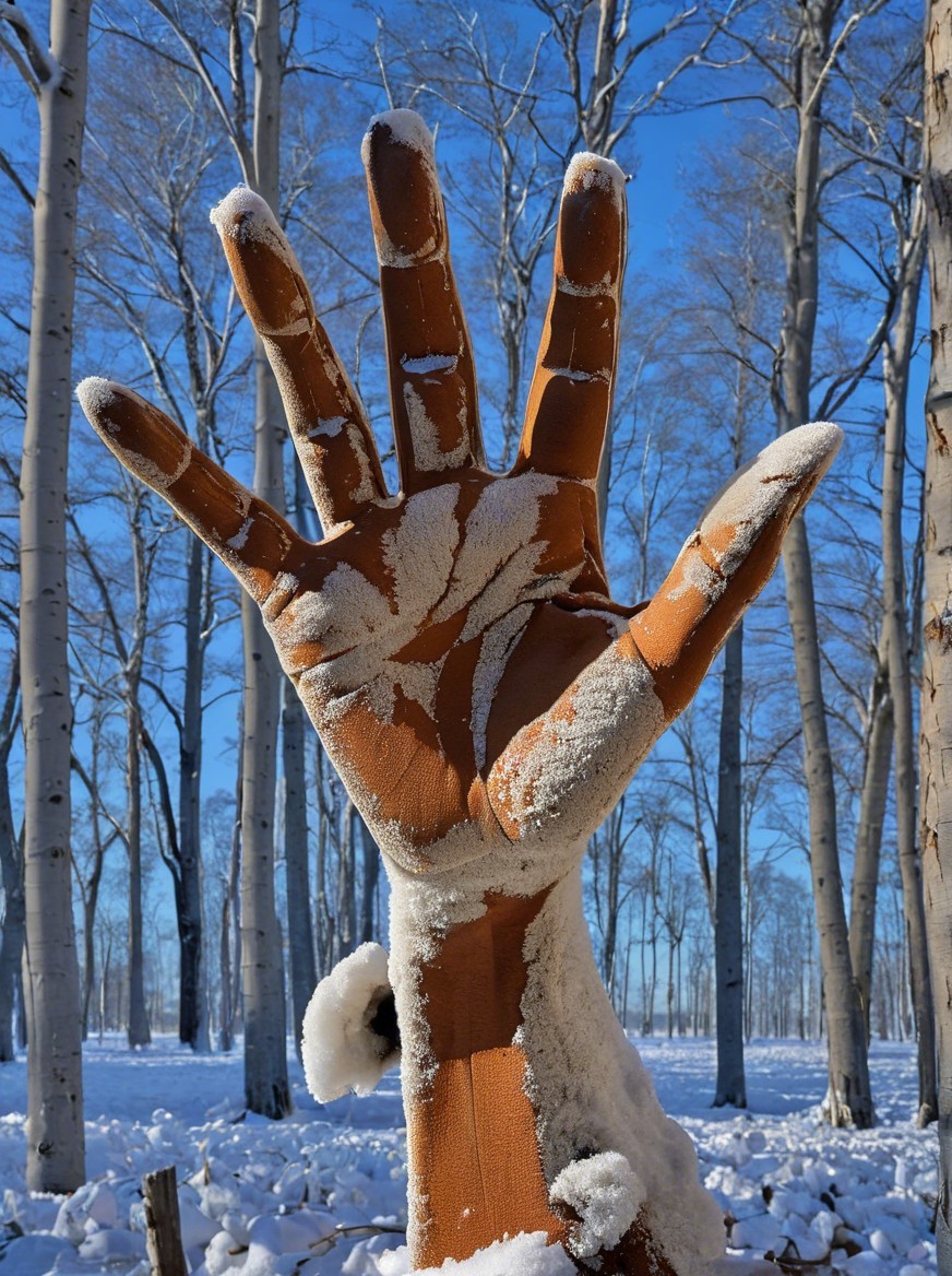 Hand Sculpture in Snowy Winter Landscape