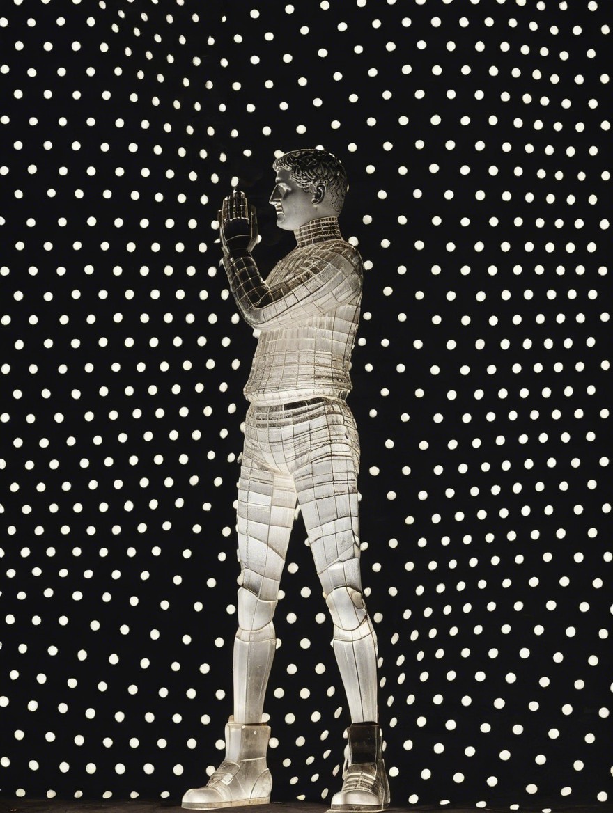 Translucent Humanoid Figure with Glowing Dots Background