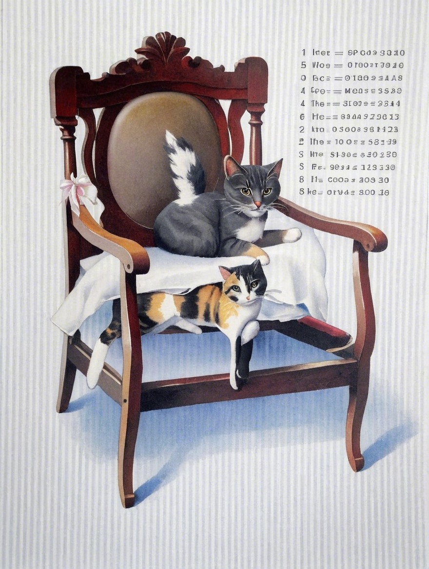 Vintage Chair Illustration with Cats on Draped Cloth
