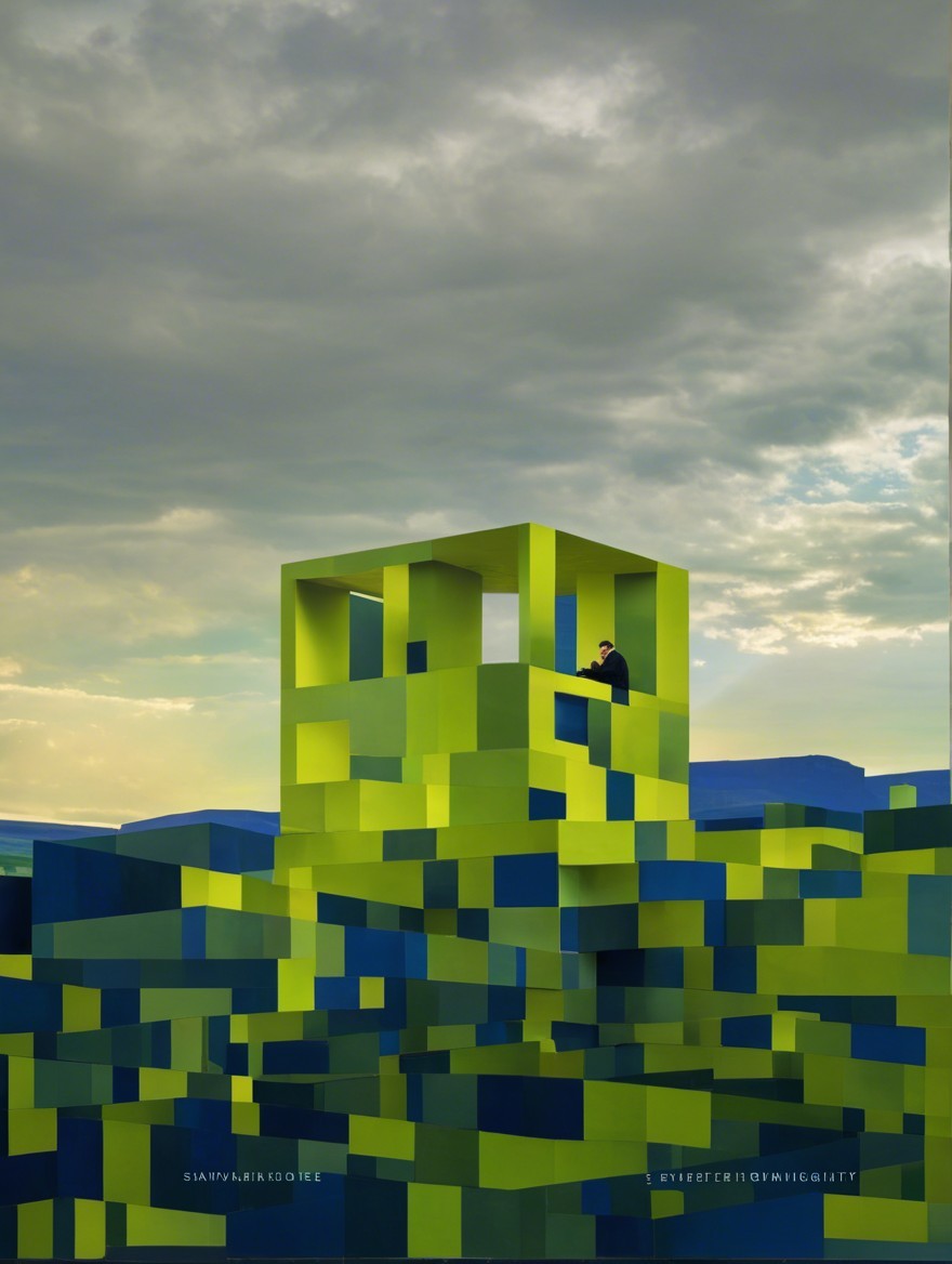 Geometric Landscape with Cubes and Dramatic Sky