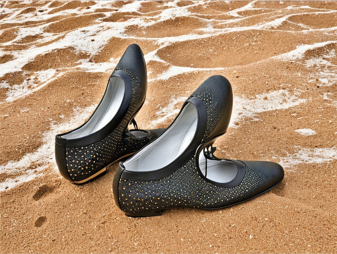 Elegant Black Shoes on Golden Sand Background