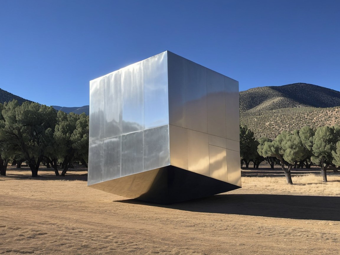Reflective Metallic Cube in Arid Landscape with Trees
