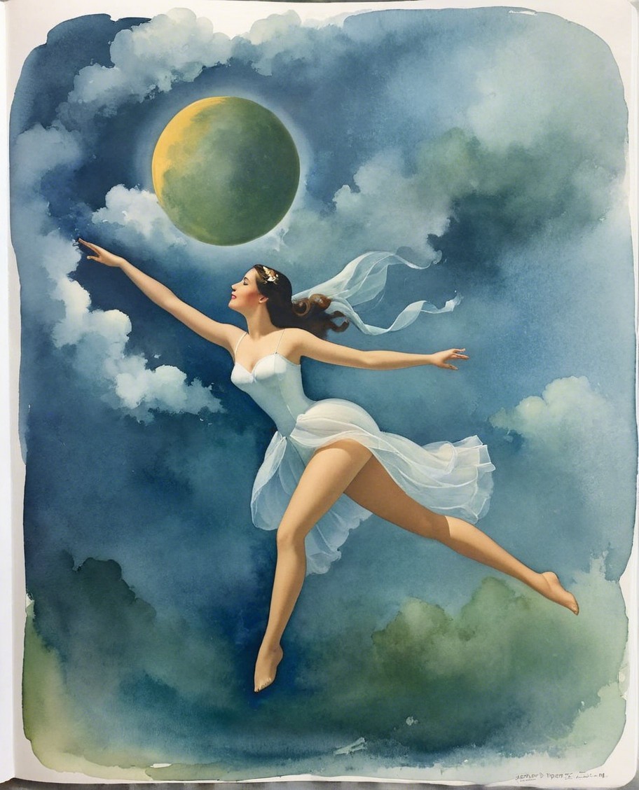 Ethereal figure soaring in dreamy sky with crescent moon