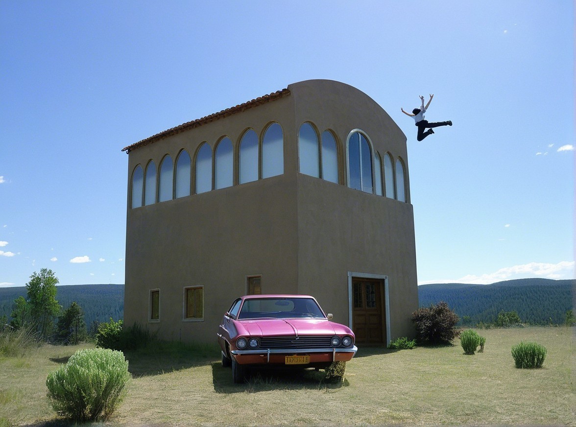 Modern adobe house with vintage car and dynamic leap