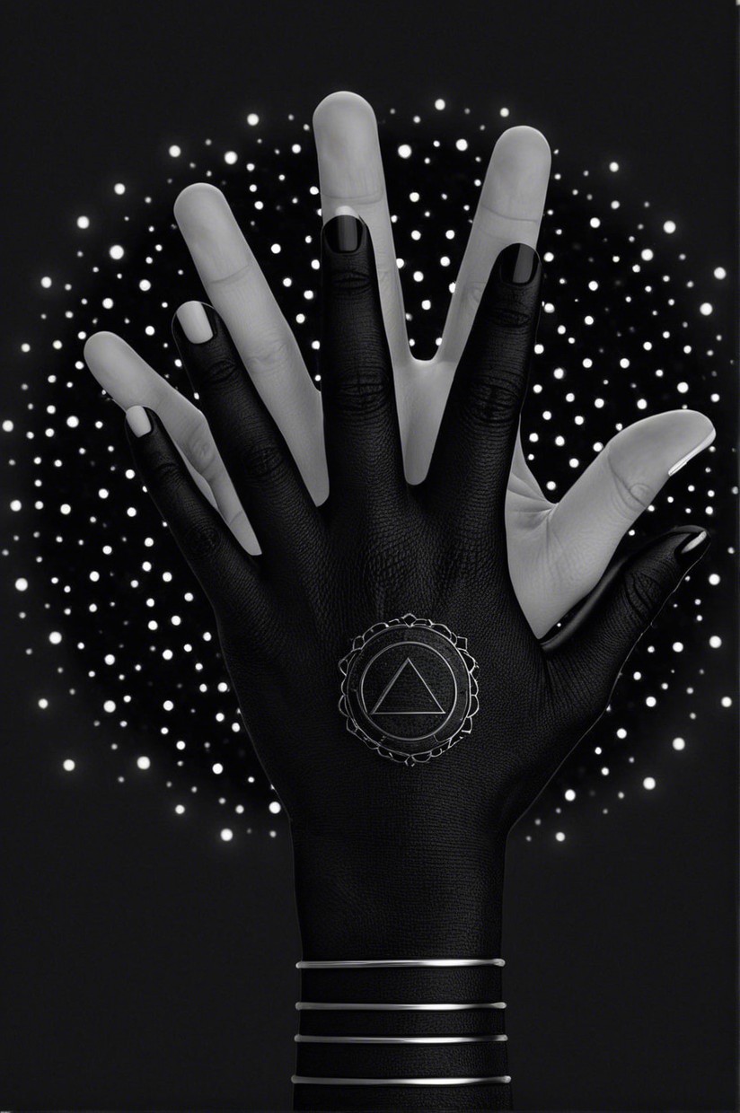 Contrast of Black and White Hands Against Dark Background