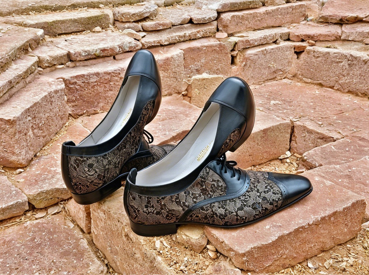 Black and Gold Lace Shoes on Stepped Stone Wall