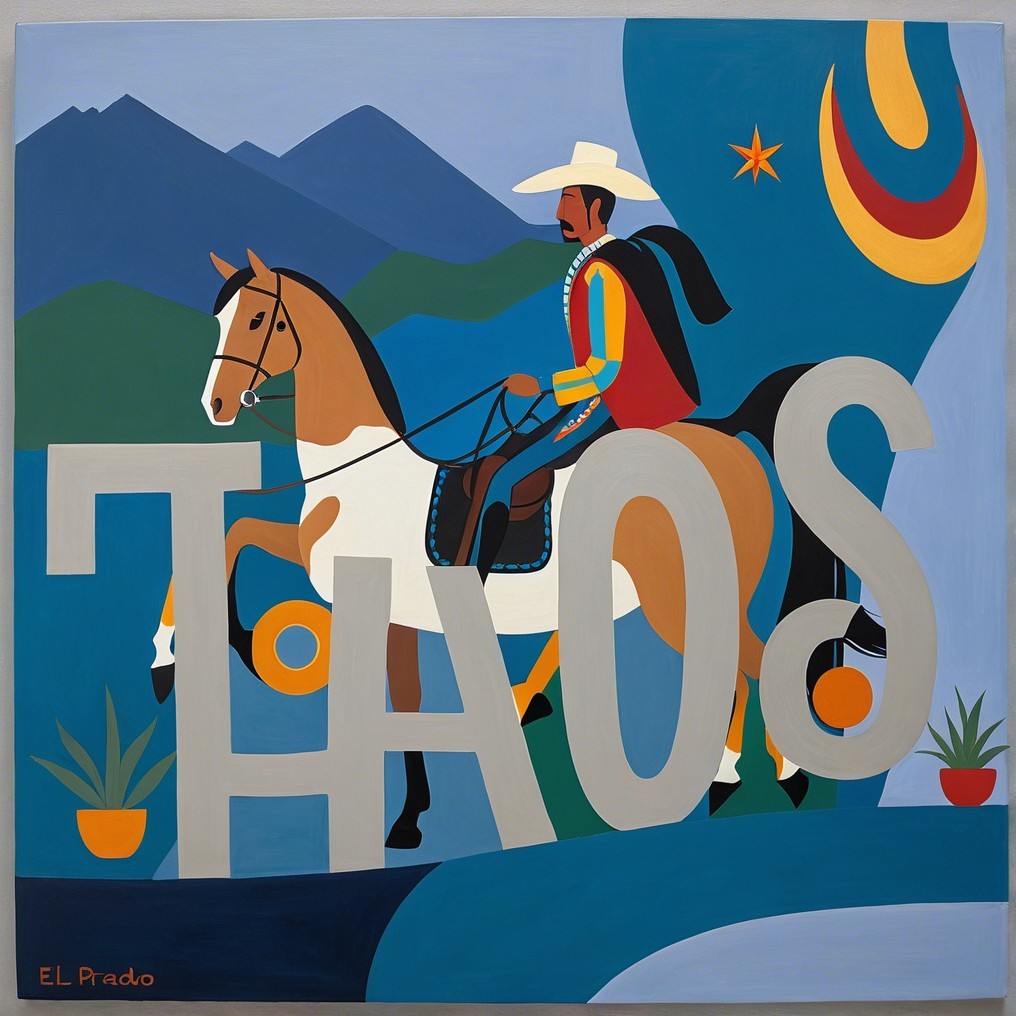 Vibrant Painting of Horseman in Mountainous Landscape