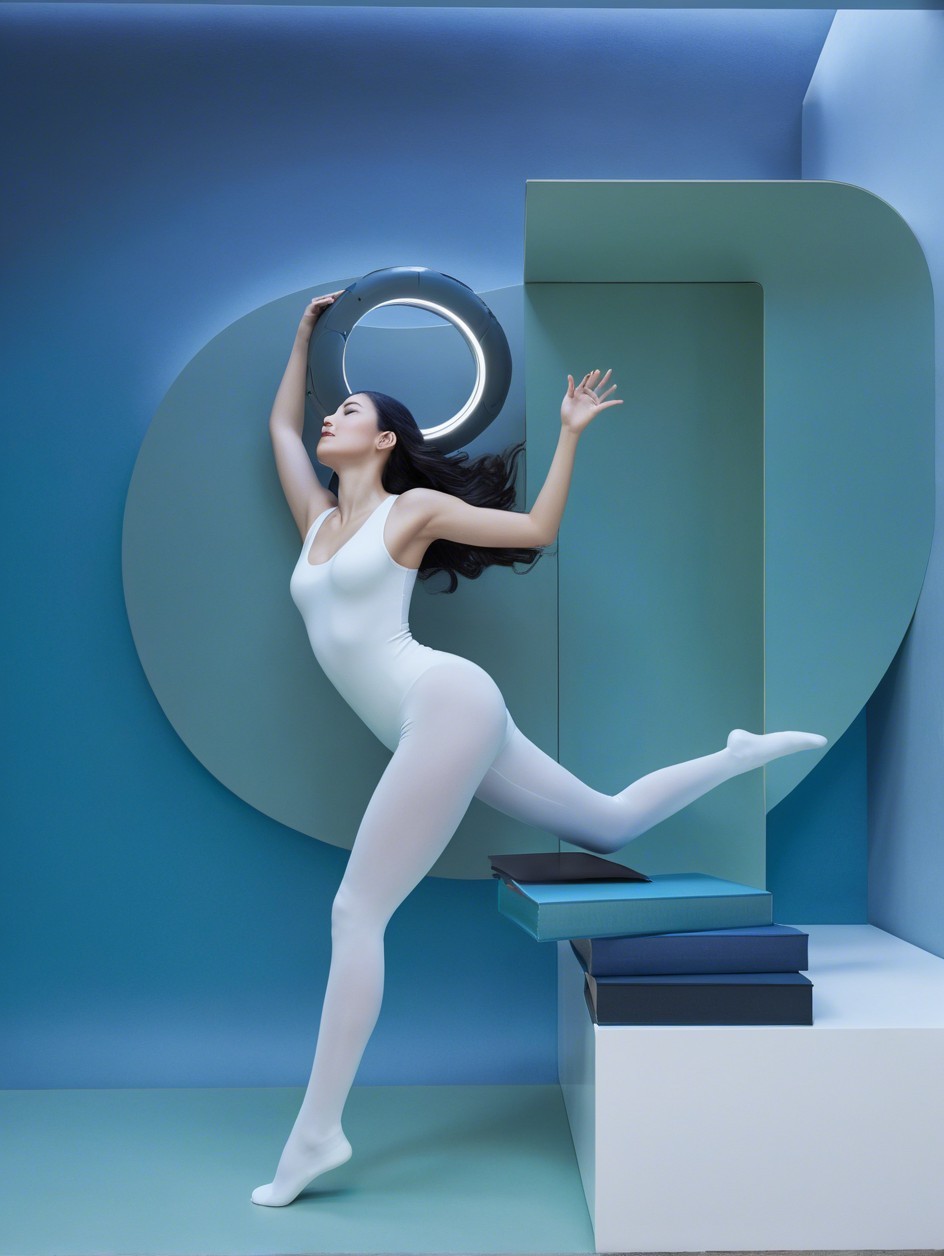 Asian model in white leotard posing against geometric backdrop