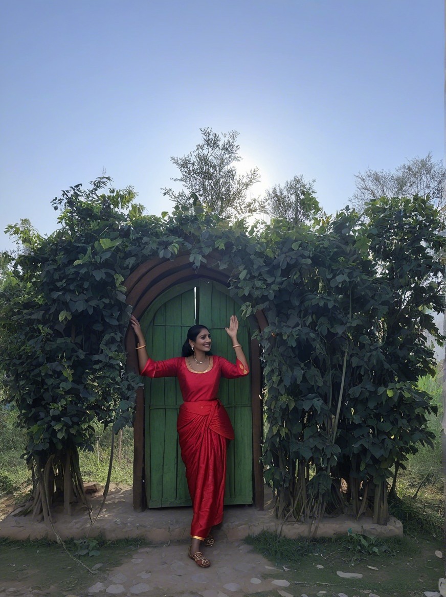 Woman in red dress by ornate green door and greenery