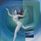 Asian model in white leotard posing against geometric backdrop