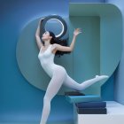 Joyful Woman in Mid-Air Pose with Vibrant Backdrop